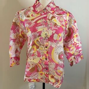 Notations linen blend vibrant floral top semi sheer lightweight feminine SZ SM